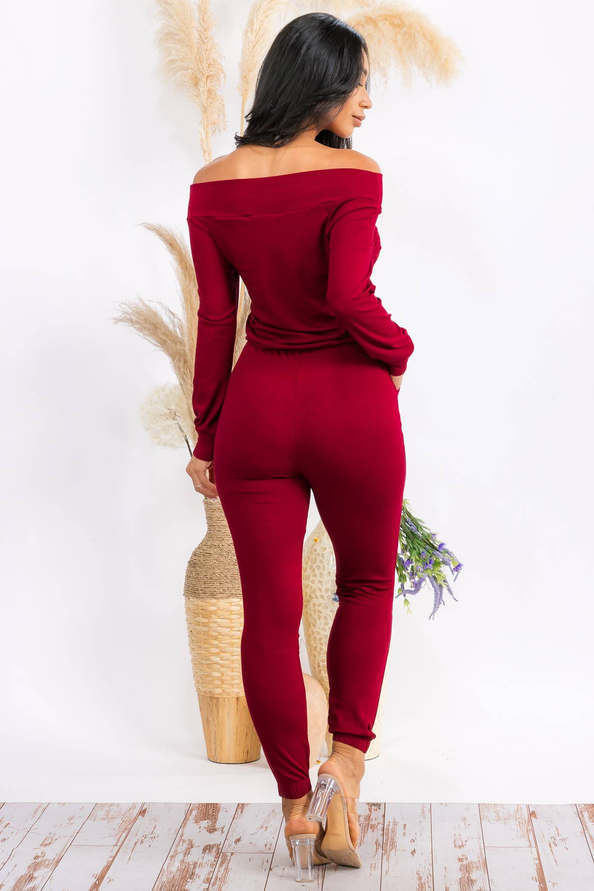 HH620X-SOLID - Off Shoulder Jumpsuit: Burgundy / 2XL