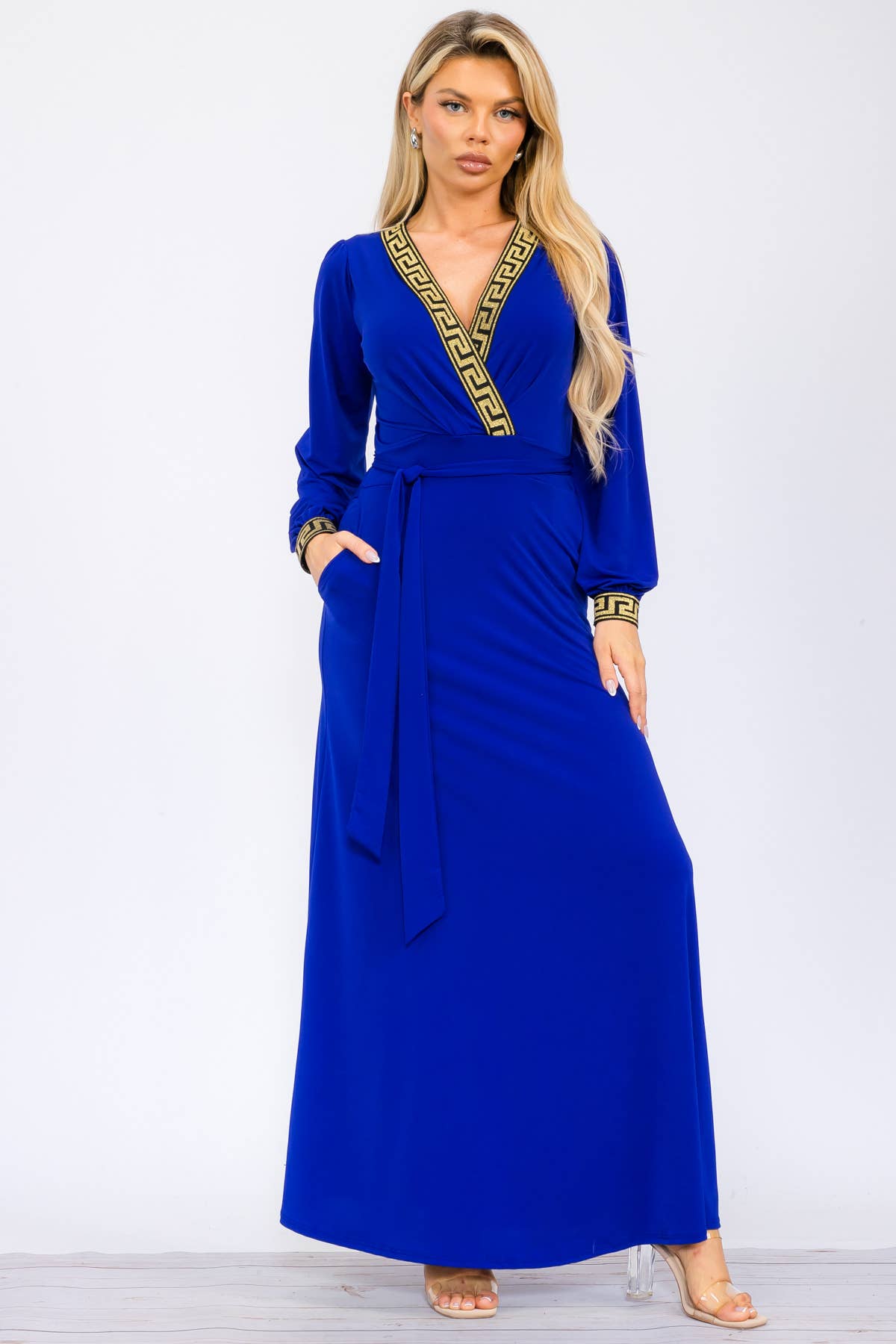 Blue Goddess - Geometric Detail Maxi Wrap Dress: ROYAL BLUE /
