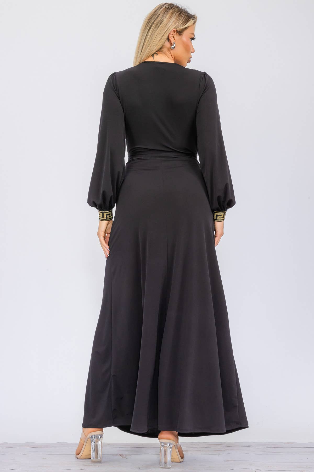 HH747R-S - Geometric Detail Maxi Wrap Dress: Black / S