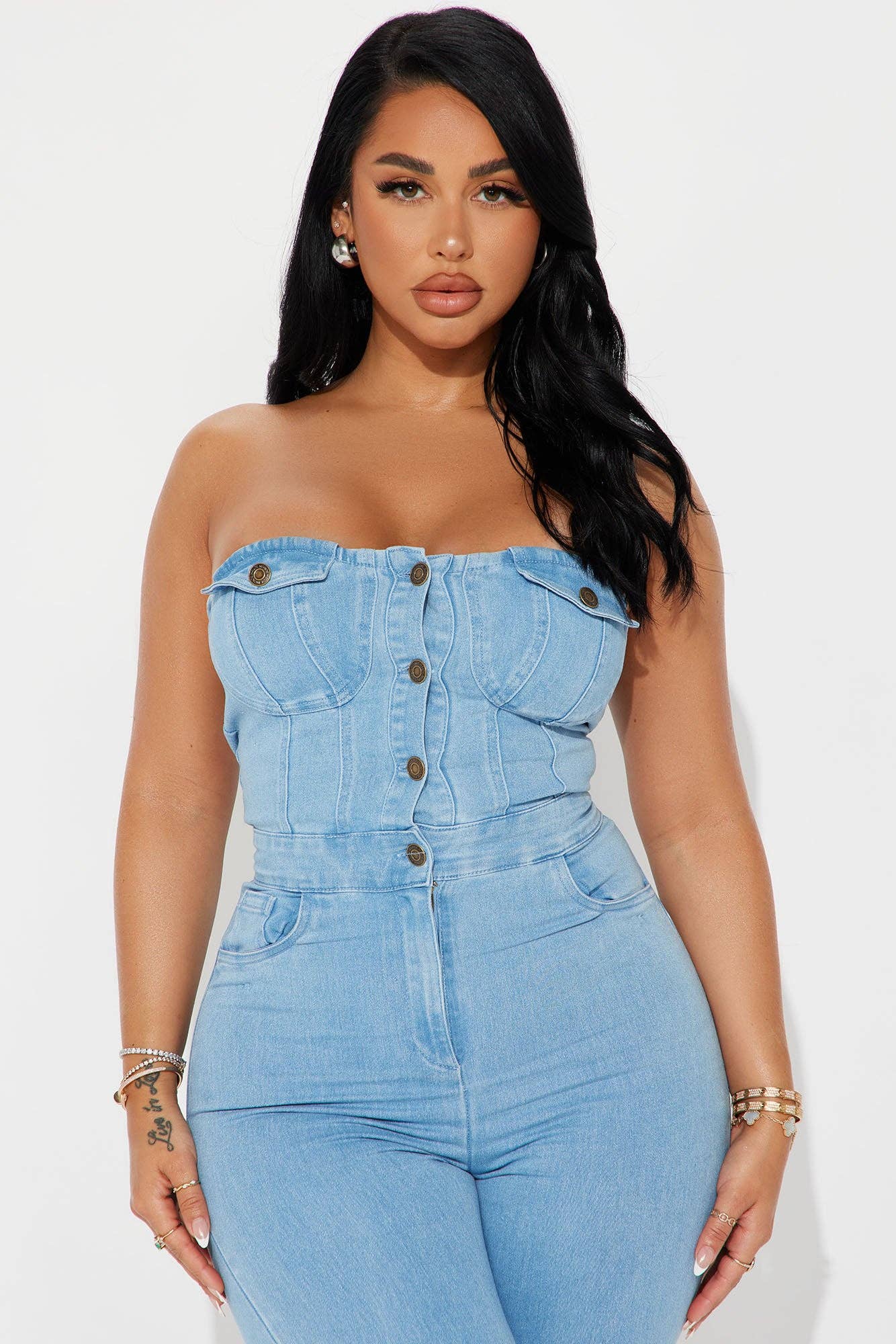 DENIM STRAPLESS BUTTON UP JUMPSUITS: LIGHT DENIM / L