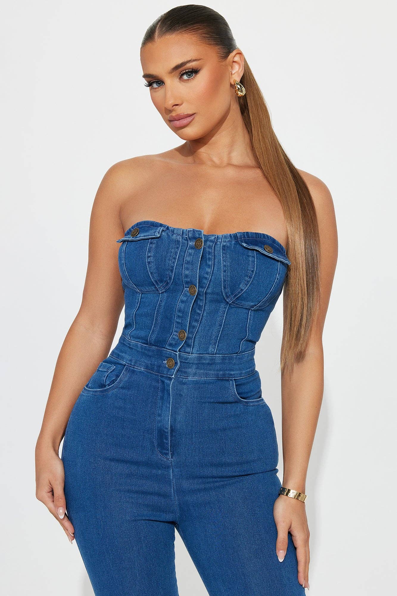 DENIM STRAPLESS BUTTON UP JUMPSUITS: LIGHT DENIM / S