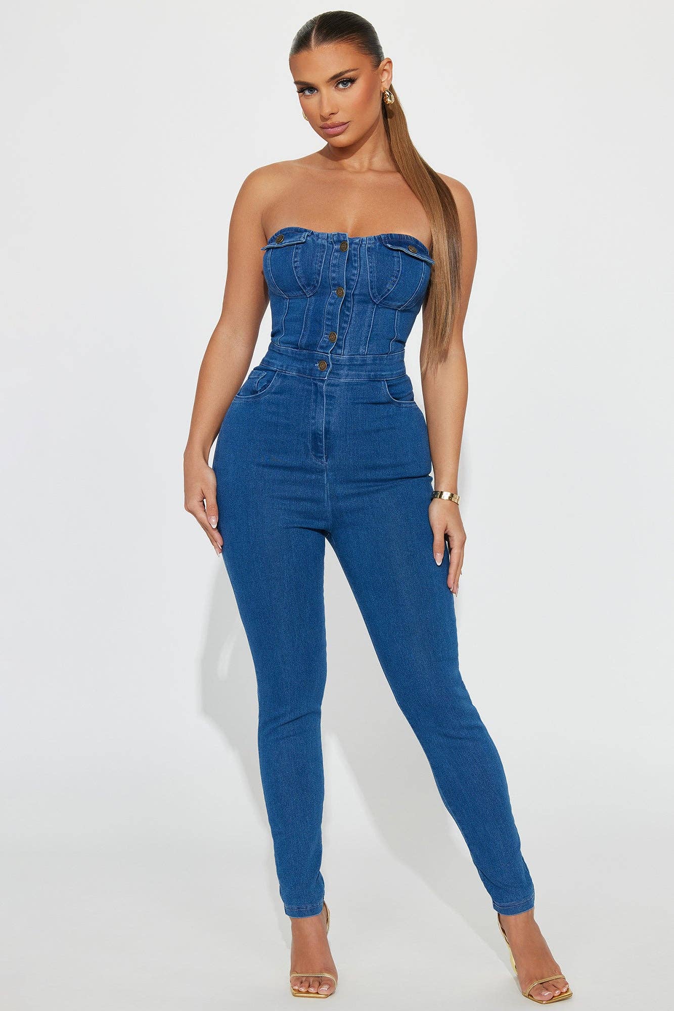 DENIM STRAPLESS BUTTON UP JUMPSUITS: LIGHT DENIM / L