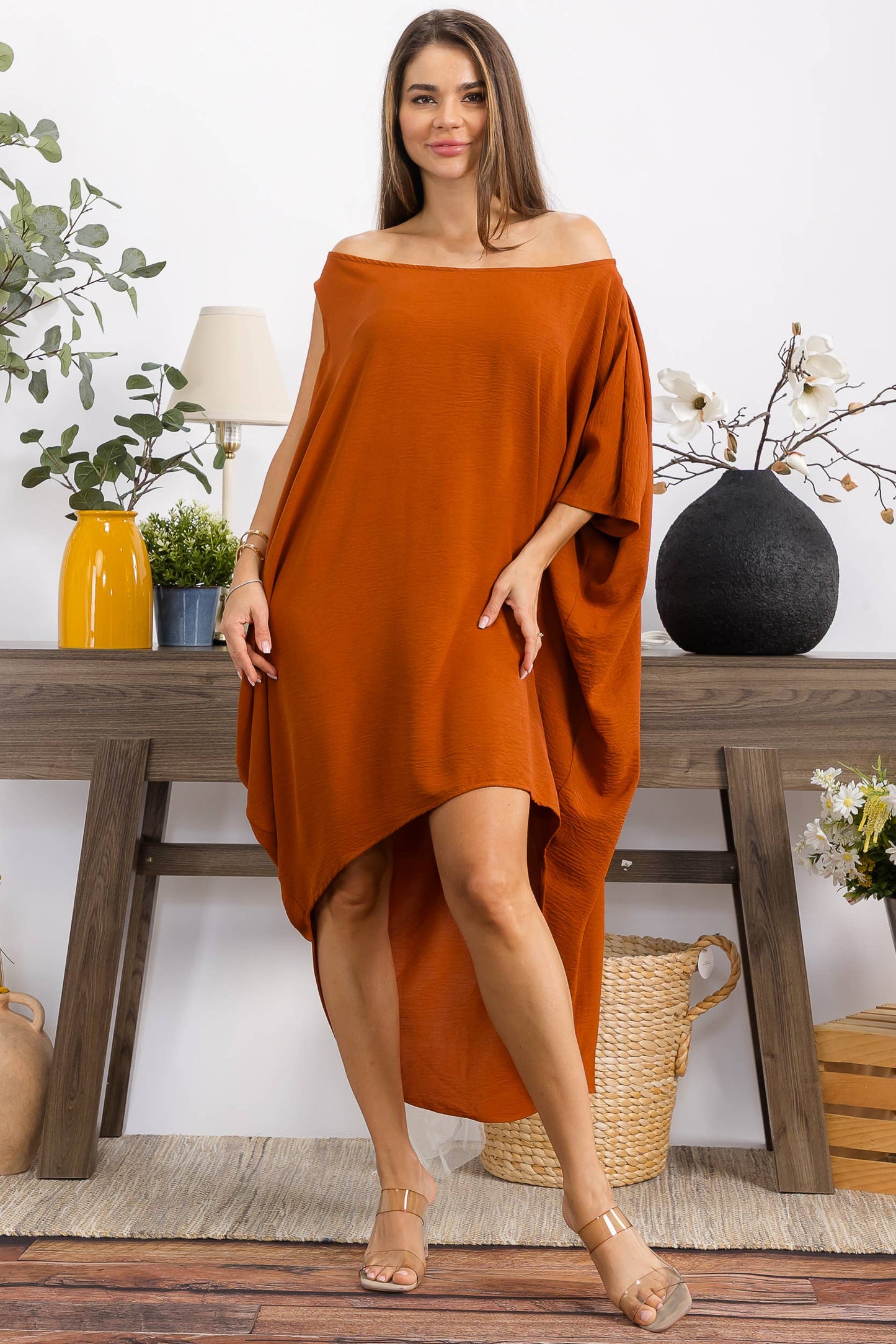 HH735X-S PLUS SIZE COLD SHOULDER DRESS: RUST / One Size