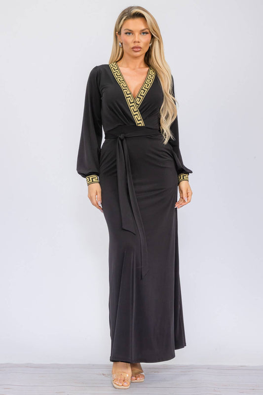 HH747R-S - Geometric Detail Maxi Wrap Dress: Black / S