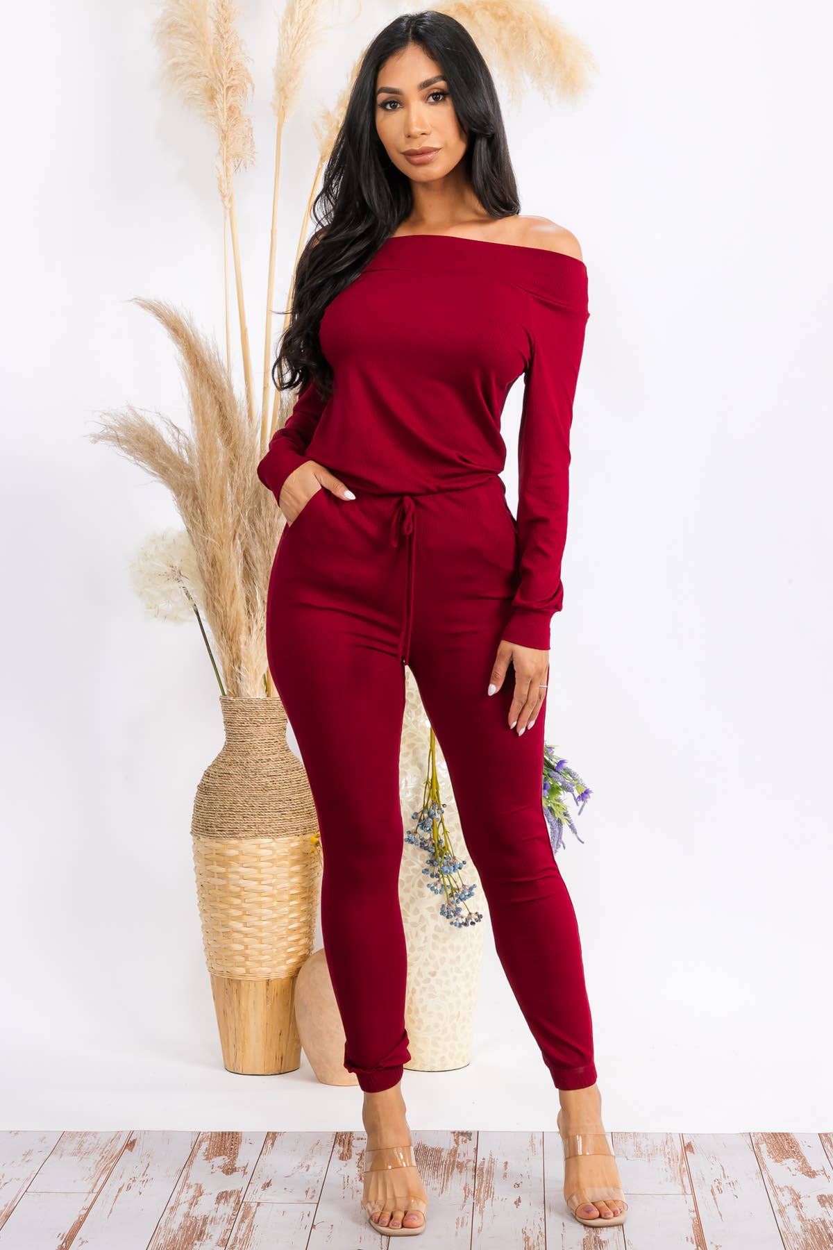 HH620X-SOLID - Off Shoulder Jumpsuit: Burgundy / 2XL