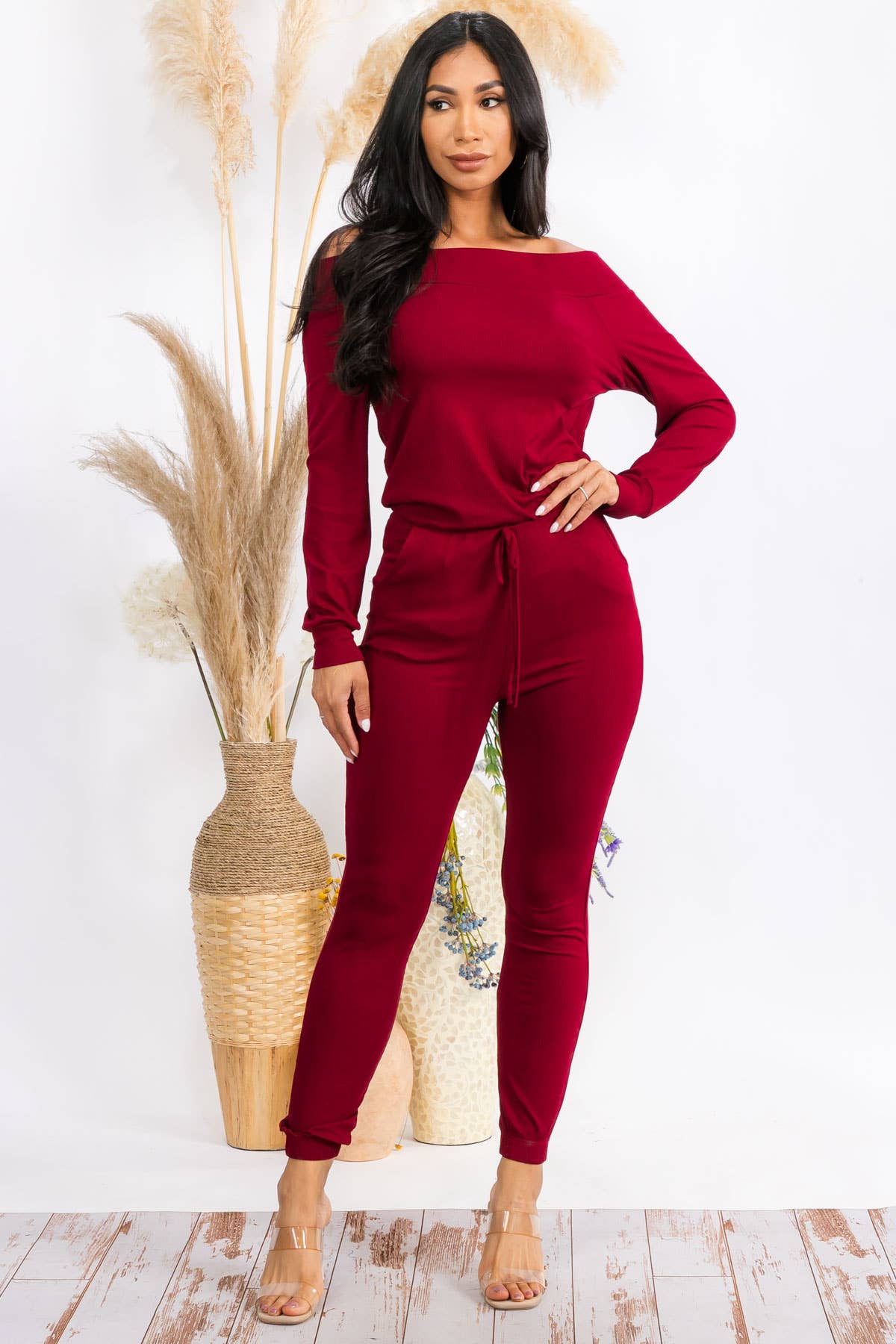 HH620X-SOLID - Off Shoulder Jumpsuit: Burgundy / 2XL