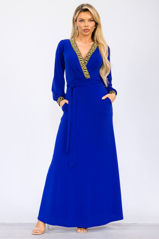 Blue Goddess - Geometric Detail Maxi Wrap Dress: ROYAL BLUE /