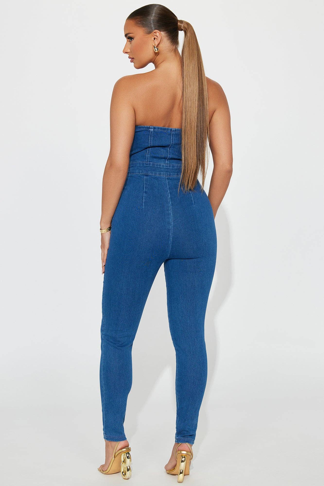 DENIM STRAPLESS BUTTON UP JUMPSUITS: LIGHT DENIM / L