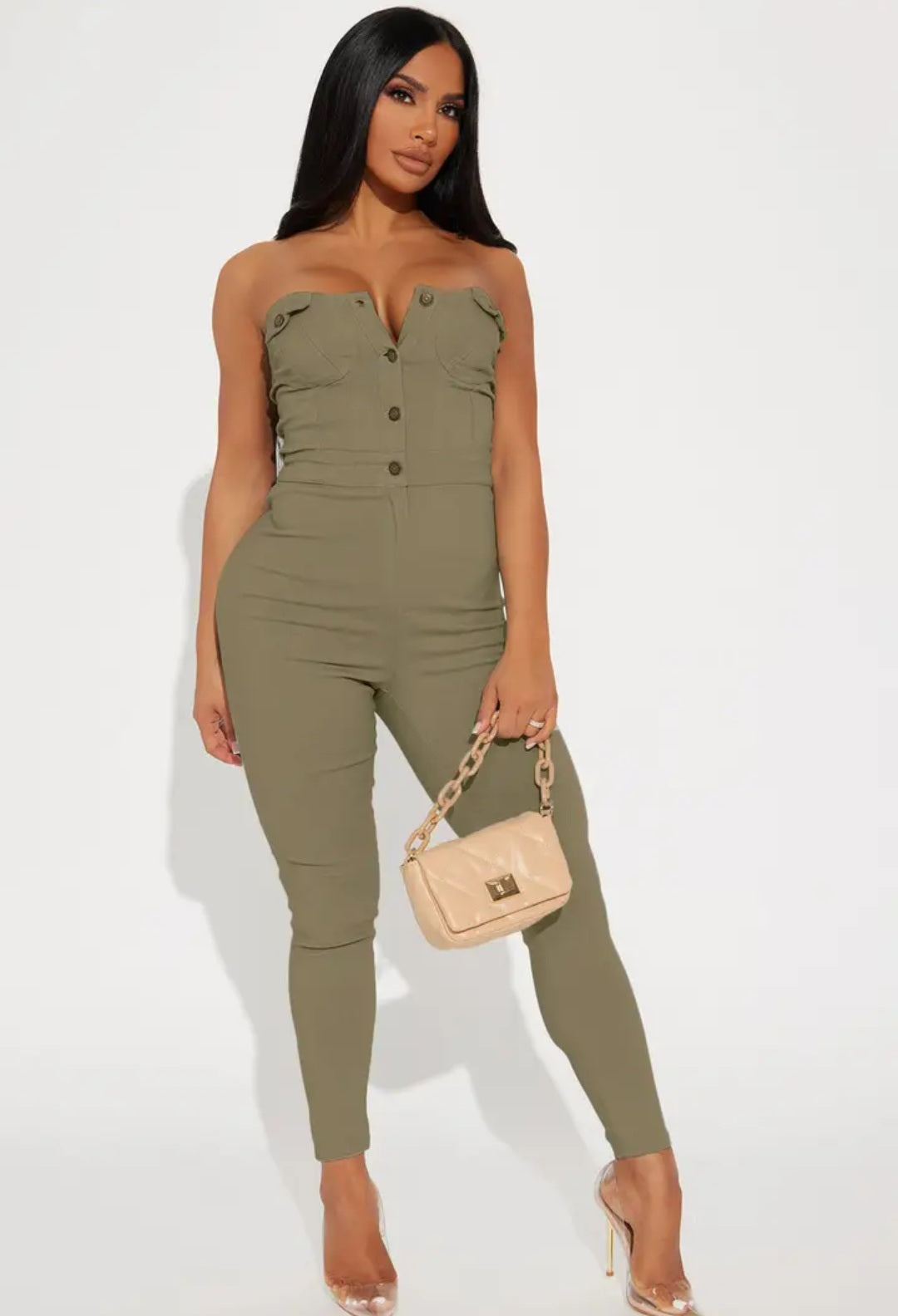 Strapless button down jumpsuit