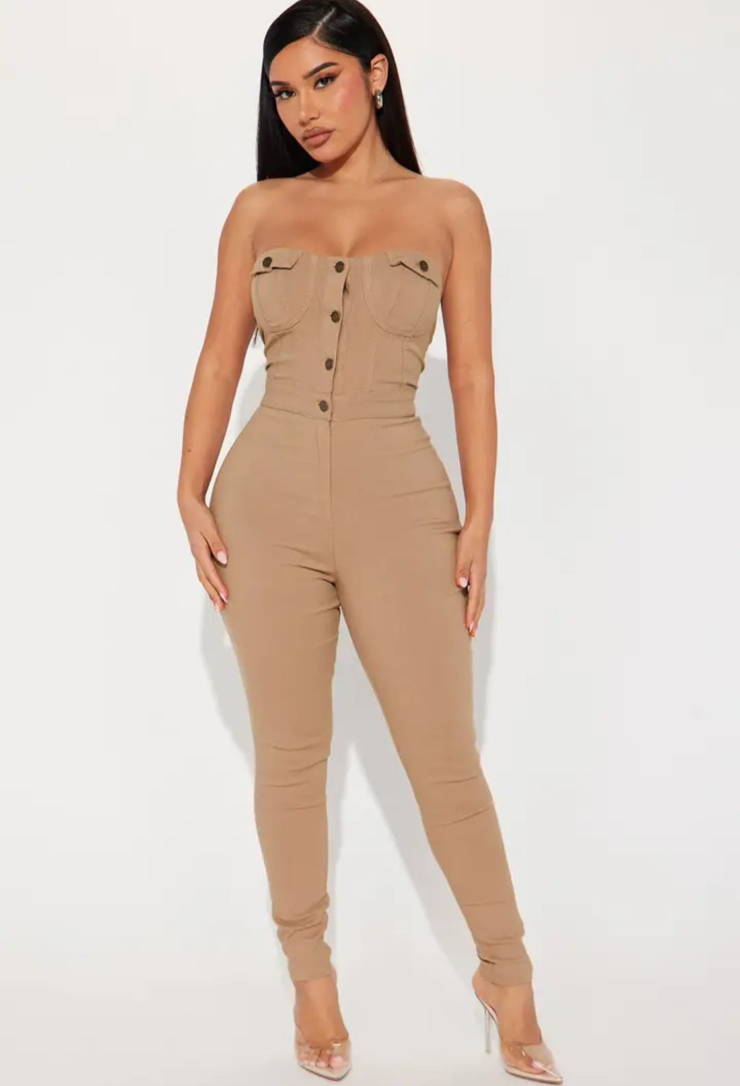 Strapless button down jumpsuit